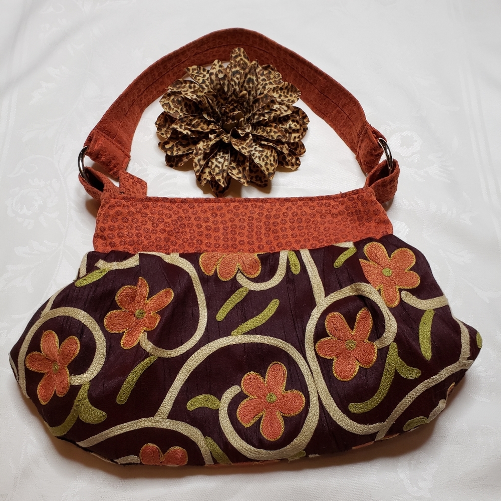 Pomme Handbag, Floral Design in Orange & Brown